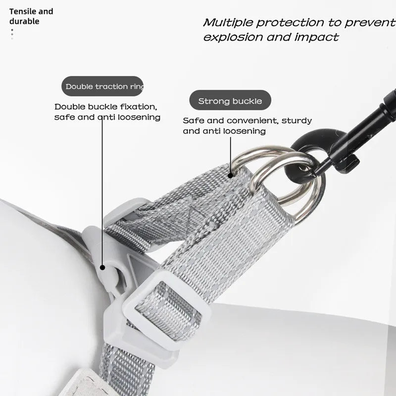 Close-up of a safety harness with labeled features on a white background