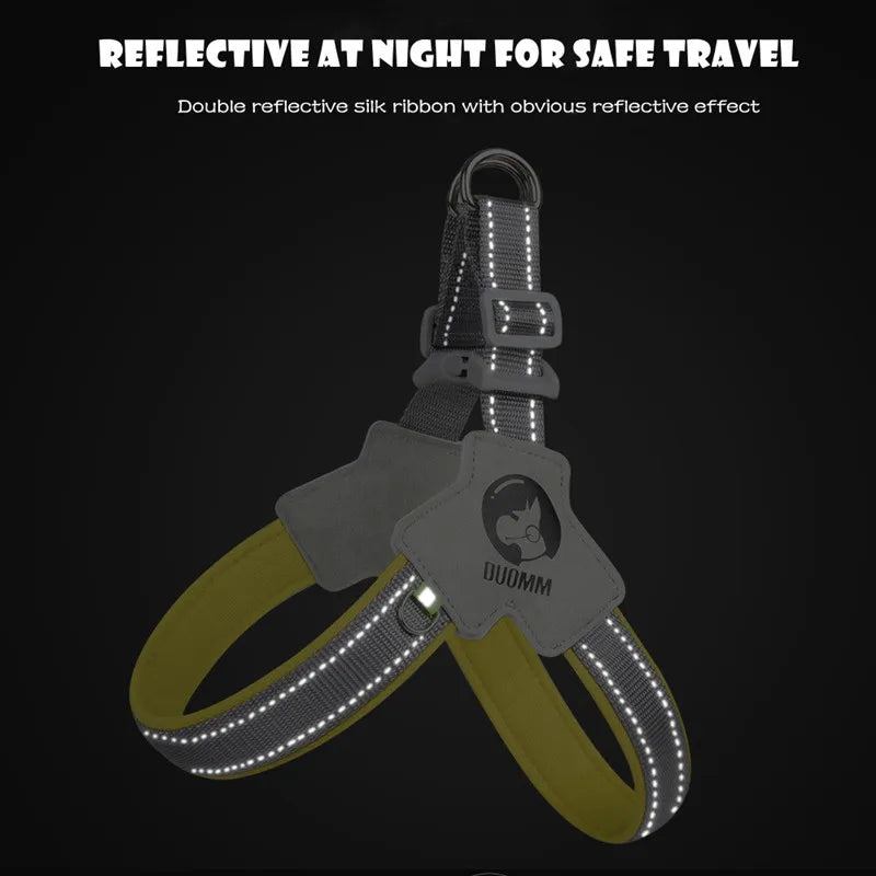Reflective dog harness with visible brand logo on a black background
