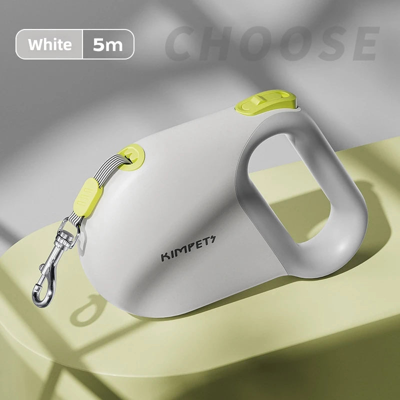 White and green pet leash with 'Kimpet' branding on a light background